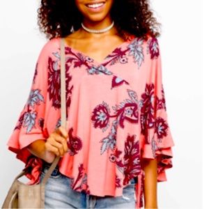 Free People Maui Wowie Coral Paisley Floral Tie Sides Loose Ruffled Sleeves Top